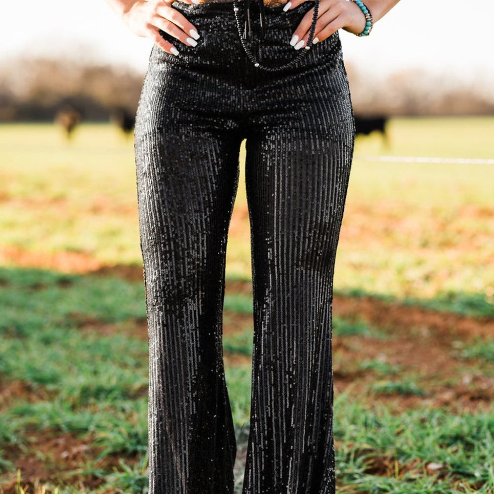 Trendy Flared Black Sequin Pants